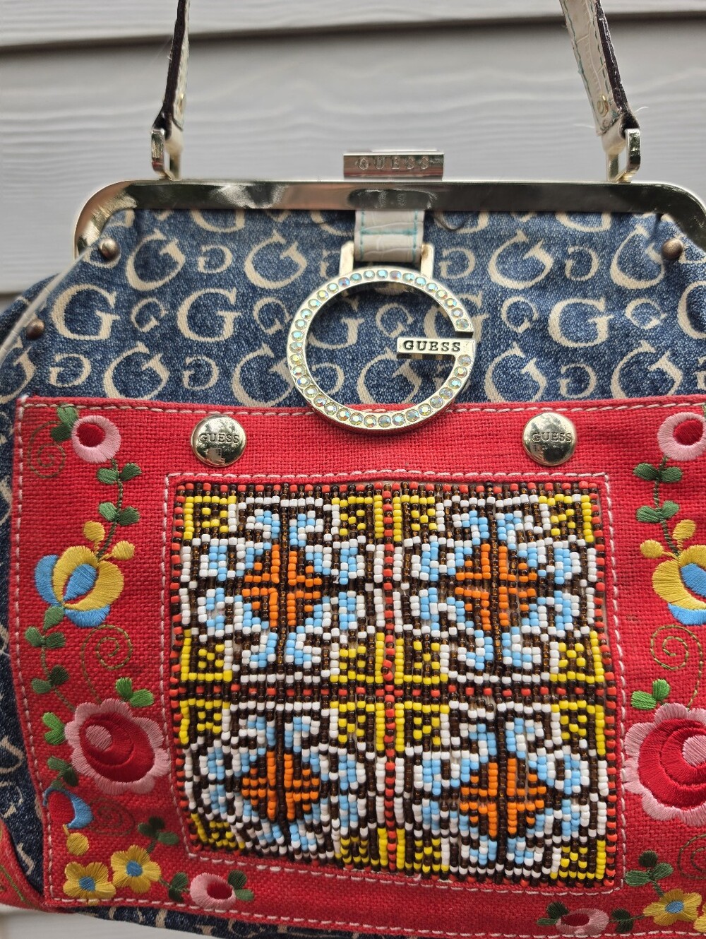 Vtg Y2K Guess Denim Embroidered Hand Bag Boho Chic Festival McBling Cottagecore - Picture 7 of 9